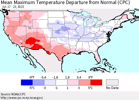 United States Mean Maximum Temperature Departure from Normal (CPC) Thematic Map For 7/17/2023 - 7/23/2023