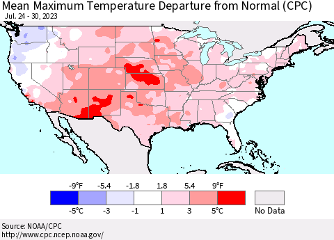 United States Mean Maximum Temperature Departure from Normal (CPC) Thematic Map For 7/24/2023 - 7/30/2023