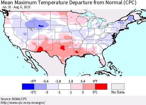 United States Mean Maximum Temperature Departure from Normal (CPC) Thematic Map For 7/31/2023 - 8/6/2023