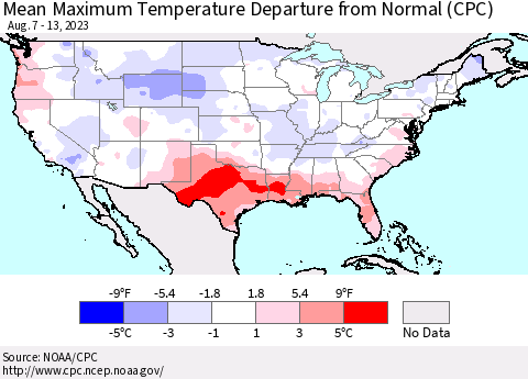 United States Mean Maximum Temperature Departure from Normal (CPC) Thematic Map For 8/7/2023 - 8/13/2023