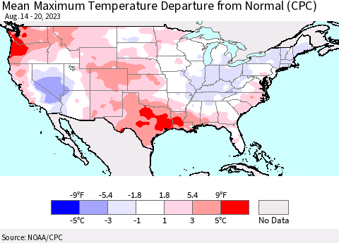 United States Mean Maximum Temperature Departure from Normal (CPC) Thematic Map For 8/14/2023 - 8/20/2023