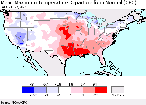United States Mean Maximum Temperature Departure from Normal (CPC) Thematic Map For 8/21/2023 - 8/27/2023