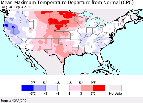 United States Mean Maximum Temperature Departure from Normal (CPC) Thematic Map For 8/28/2023 - 9/3/2023