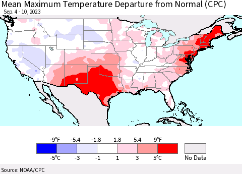 United States Mean Maximum Temperature Departure from Normal (CPC) Thematic Map For 9/4/2023 - 9/10/2023