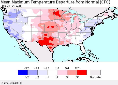 United States Mean Maximum Temperature Departure from Normal (CPC) Thematic Map For 9/18/2023 - 9/24/2023