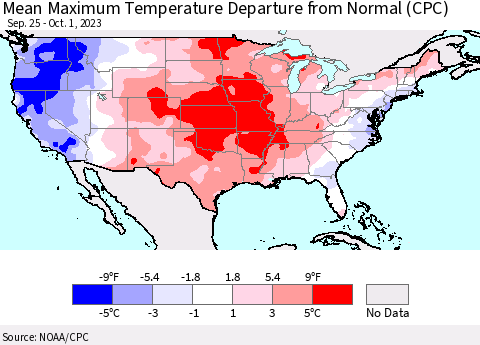 United States Mean Maximum Temperature Departure from Normal (CPC) Thematic Map For 9/25/2023 - 10/1/2023