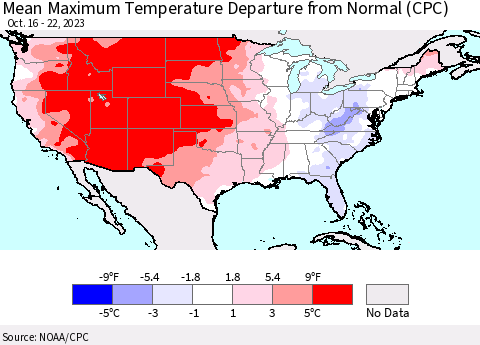 United States Mean Maximum Temperature Departure from Normal (CPC) Thematic Map For 10/16/2023 - 10/22/2023