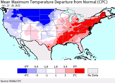 United States Mean Maximum Temperature Departure from Normal (CPC) Thematic Map For 10/23/2023 - 10/29/2023