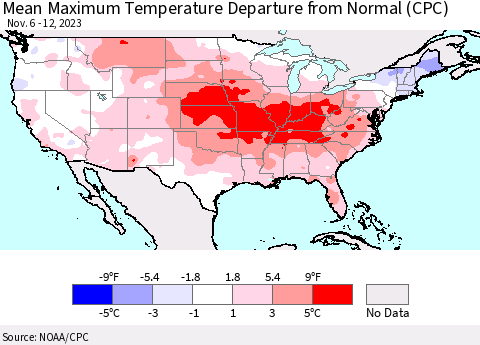 United States Mean Maximum Temperature Departure from Normal (CPC) Thematic Map For 11/6/2023 - 11/12/2023