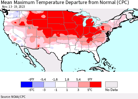 United States Mean Maximum Temperature Departure from Normal (CPC) Thematic Map For 11/13/2023 - 11/19/2023