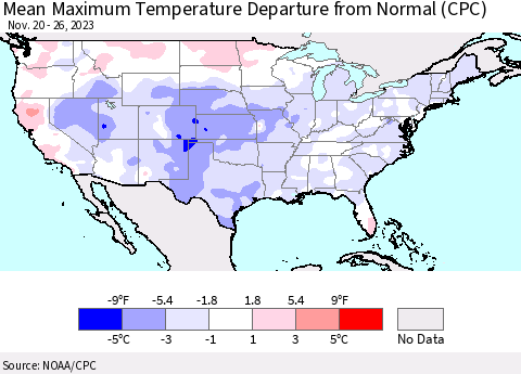 United States Mean Maximum Temperature Departure from Normal (CPC) Thematic Map For 11/20/2023 - 11/26/2023