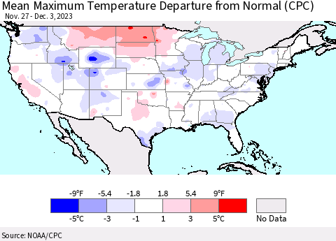 United States Mean Maximum Temperature Departure from Normal (CPC) Thematic Map For 11/27/2023 - 12/3/2023