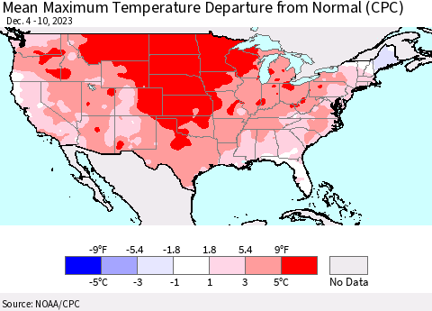 United States Mean Maximum Temperature Departure from Normal (CPC) Thematic Map For 12/4/2023 - 12/10/2023