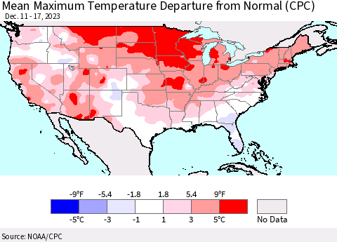 United States Mean Maximum Temperature Departure from Normal (CPC) Thematic Map For 12/11/2023 - 12/17/2023