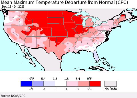 United States Mean Maximum Temperature Departure from Normal (CPC) Thematic Map For 12/18/2023 - 12/24/2023