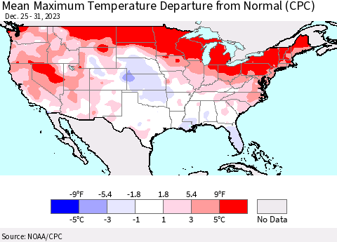 United States Mean Maximum Temperature Departure from Normal (CPC) Thematic Map For 12/25/2023 - 12/31/2023