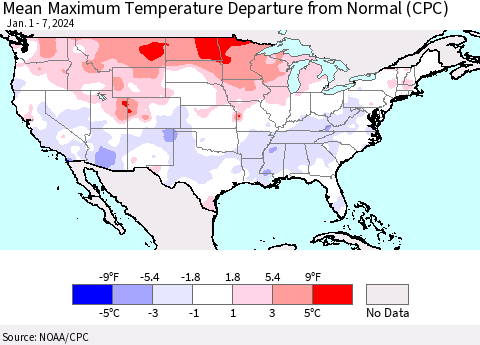United States Mean Maximum Temperature Departure from Normal (CPC) Thematic Map For 1/1/2024 - 1/7/2024