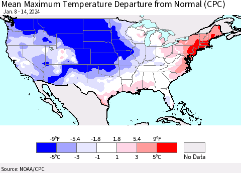 United States Mean Maximum Temperature Departure from Normal (CPC) Thematic Map For 1/8/2024 - 1/14/2024