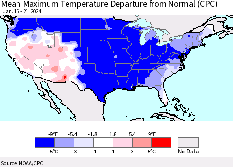 United States Mean Maximum Temperature Departure from Normal (CPC) Thematic Map For 1/15/2024 - 1/21/2024