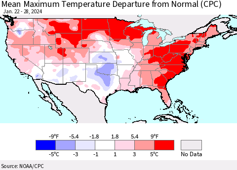 United States Mean Maximum Temperature Departure from Normal (CPC) Thematic Map For 1/22/2024 - 1/28/2024