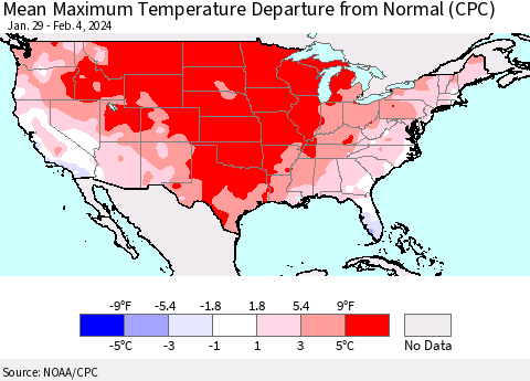 United States Mean Maximum Temperature Departure from Normal (CPC) Thematic Map For 1/29/2024 - 2/4/2024