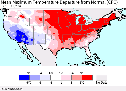 United States Mean Maximum Temperature Departure from Normal (CPC) Thematic Map For 2/5/2024 - 2/11/2024