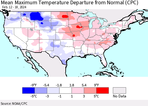 United States Mean Maximum Temperature Departure from Normal (CPC) Thematic Map For 2/12/2024 - 2/18/2024