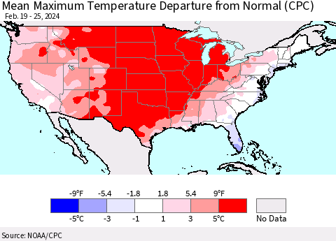 United States Mean Maximum Temperature Departure from Normal (CPC) Thematic Map For 2/19/2024 - 2/25/2024