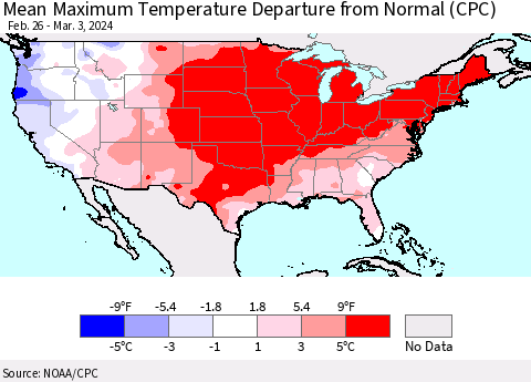 United States Mean Maximum Temperature Departure from Normal (CPC) Thematic Map For 2/26/2024 - 3/3/2024