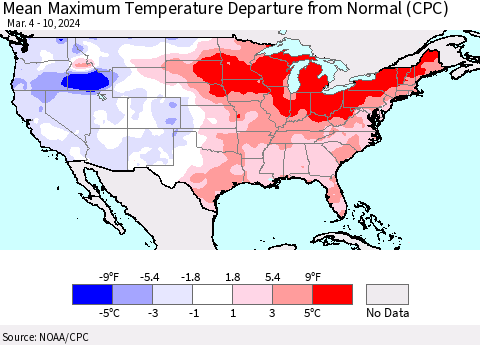 United States Mean Maximum Temperature Departure from Normal (CPC) Thematic Map For 3/4/2024 - 3/10/2024