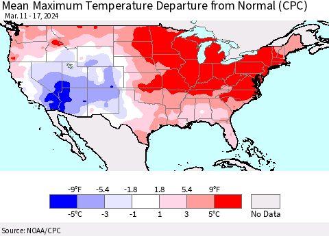 United States Mean Maximum Temperature Departure from Normal (CPC) Thematic Map For 3/11/2024 - 3/17/2024