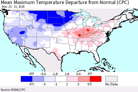 United States Mean Maximum Temperature Departure from Normal (CPC) Thematic Map For 3/25/2024 - 3/31/2024