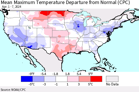 United States Mean Maximum Temperature Departure from Normal (CPC) Thematic Map For 4/1/2024 - 4/7/2024