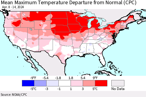 United States Mean Maximum Temperature Departure from Normal (CPC) Thematic Map For 4/8/2024 - 4/14/2024