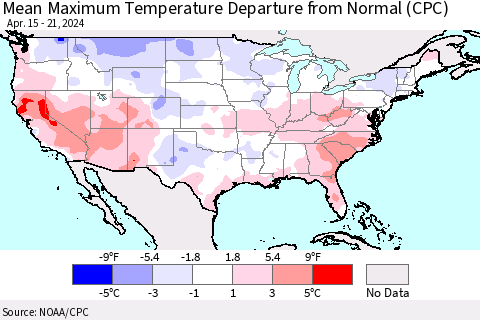 United States Mean Maximum Temperature Departure from Normal (CPC) Thematic Map For 4/15/2024 - 4/21/2024