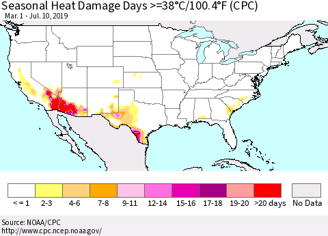 United States Seasonal Heat Damage Days >=38°C/100°F (CPC) Thematic Map For 3/1/2019 - 7/10/2019