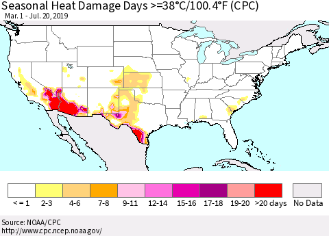 United States Seasonal Heat Damage Days >=38°C/100°F (CPC) Thematic Map For 3/1/2019 - 7/20/2019