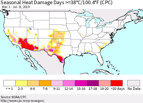 United States Seasonal Heat Damage Days >=38°C/100°F (CPC) Thematic Map For 3/1/2019 - 7/31/2019