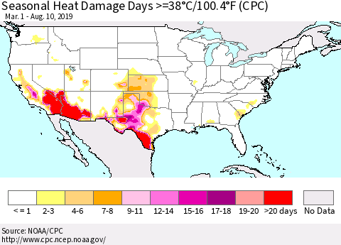 United States Seasonal Heat Damage Days >=38°C/100°F (CPC) Thematic Map For 3/1/2019 - 8/10/2019