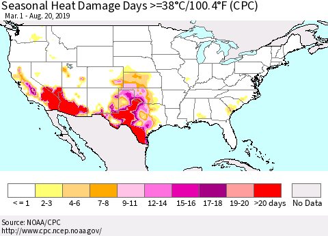 United States Seasonal Heat Damage Days >=38°C/100°F (CPC) Thematic Map For 3/1/2019 - 8/20/2019