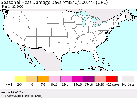United States Seasonal Heat Damage Days >=38°C/100°F (CPC) Thematic Map For 3/1/2020 - 3/20/2020