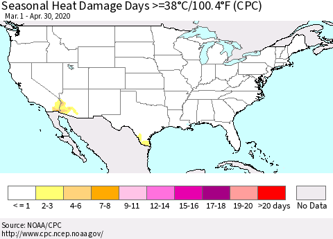 United States Seasonal Heat Damage Days >=38°C/100°F (CPC) Thematic Map For 3/1/2020 - 4/30/2020
