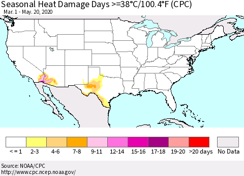 United States Seasonal Heat Damage Days >=38°C/100°F (CPC) Thematic Map For 3/1/2020 - 5/20/2020
