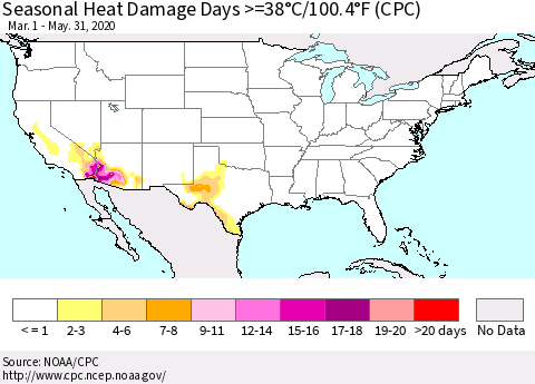 United States Seasonal Heat Damage Days >=38°C/100°F (CPC) Thematic Map For 3/1/2020 - 5/31/2020
