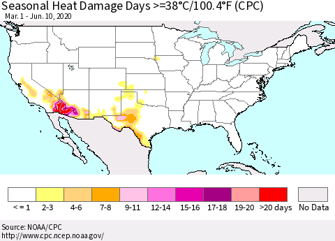 United States Seasonal Heat Damage Days >=38°C/100°F (CPC) Thematic Map For 3/1/2020 - 6/10/2020
