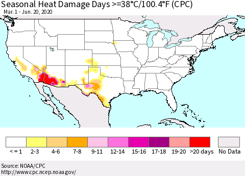 United States Seasonal Heat Damage Days >=38°C/100°F (CPC) Thematic Map For 3/1/2020 - 6/20/2020