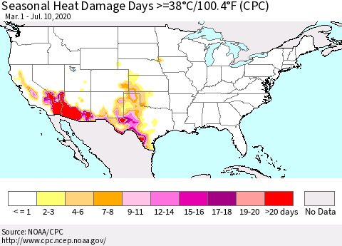 United States Seasonal Heat Damage Days >=38°C/100°F (CPC) Thematic Map For 3/1/2020 - 7/10/2020