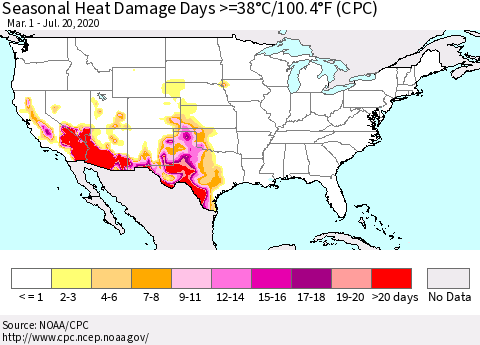 United States Seasonal Heat Damage Days >=38°C/100°F (CPC) Thematic Map For 3/1/2020 - 7/20/2020