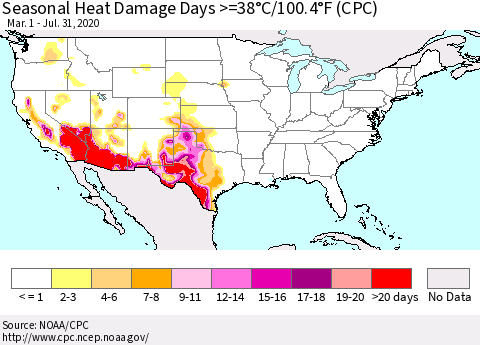 United States Seasonal Heat Damage Days >=38°C/100°F (CPC) Thematic Map For 3/1/2020 - 7/31/2020