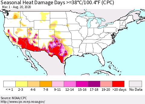 United States Seasonal Heat Damage Days >=38°C/100°F (CPC) Thematic Map For 3/1/2020 - 8/20/2020